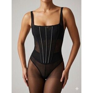 Auden Black Mesh Corset Bodysuit Womens M Rhinestone 1pc Sheer Romantic Edgy New